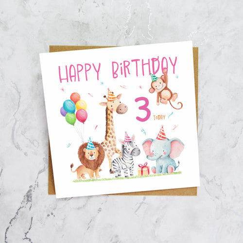 3rd Birthday Card For Girl, Safari Animal Birthday Card Age 3, Jungle Animals Third Birthday Card For Girls (S00201) - Blank Inside - Sent To You (S00201)