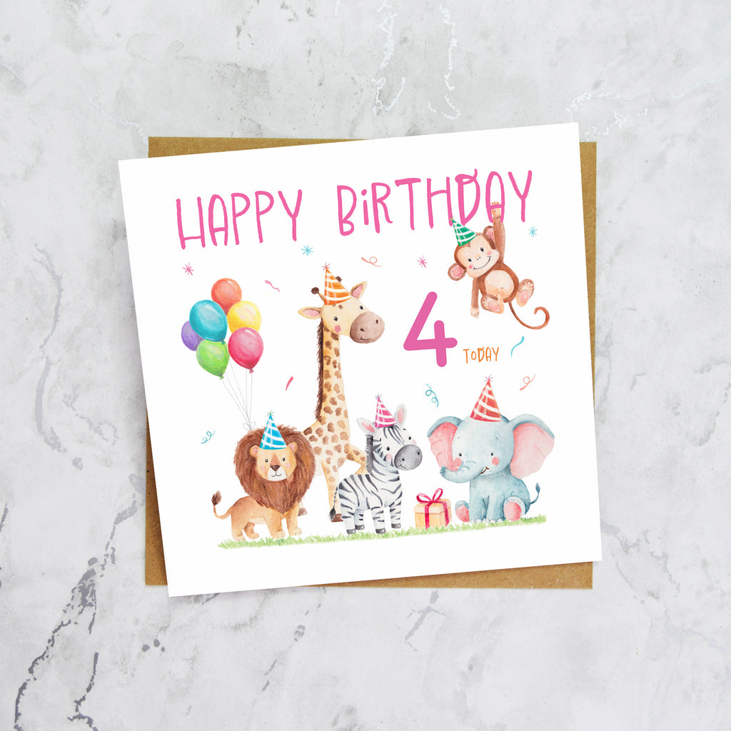 4th Birthday Card For Girl, Safari Animal Birthday Card Age 4, Jungle Animals Fourth Birthday Card For Girls (S00202) - Blank Inside - Sent To You (S00202)