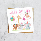 4th Birthday Card For Girl, Safari Animal Birthday Card Age 4, Jungle Animals Fourth Birthday Card For Girls (S00202) - Blank Inside - Sent To You (S00202)