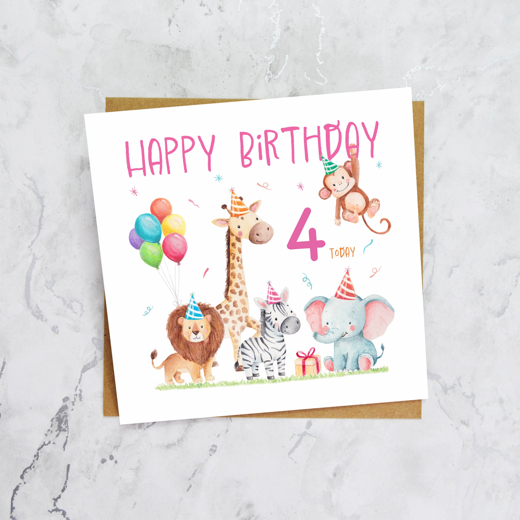4th Birthday Card For Girl, Safari Animal Birthday Card Age 4, Jungle Animals Fourth Birthday Card For Girls (S00202) - Blank Inside - Sent To You (S00202)