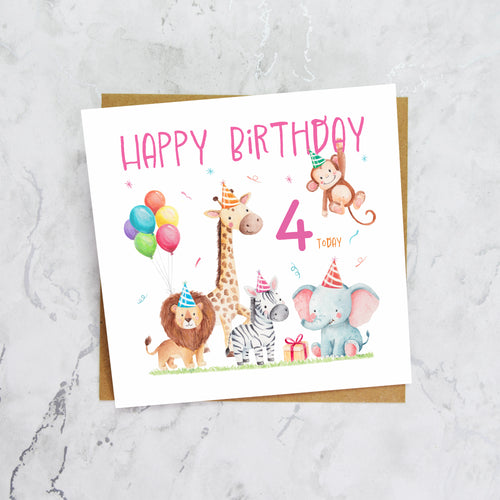 4th Birthday Card For Girl, Safari Animal Birthday Card Age 4, Jungle Animals Fourth Birthday Card For Girls (S00202) - Blank Inside - Sent To You (S00202)
