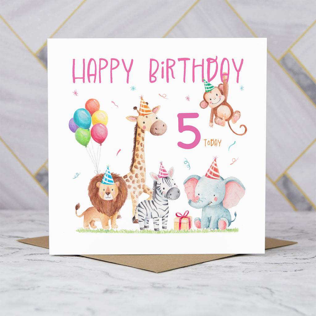 5th Birthday Card For Girl, Safari Animal Birthday Card Age 5, Jungle Animals Fifth Birthday Card For Girls (S00203) - Blank Inside - Sent To You (S00203)