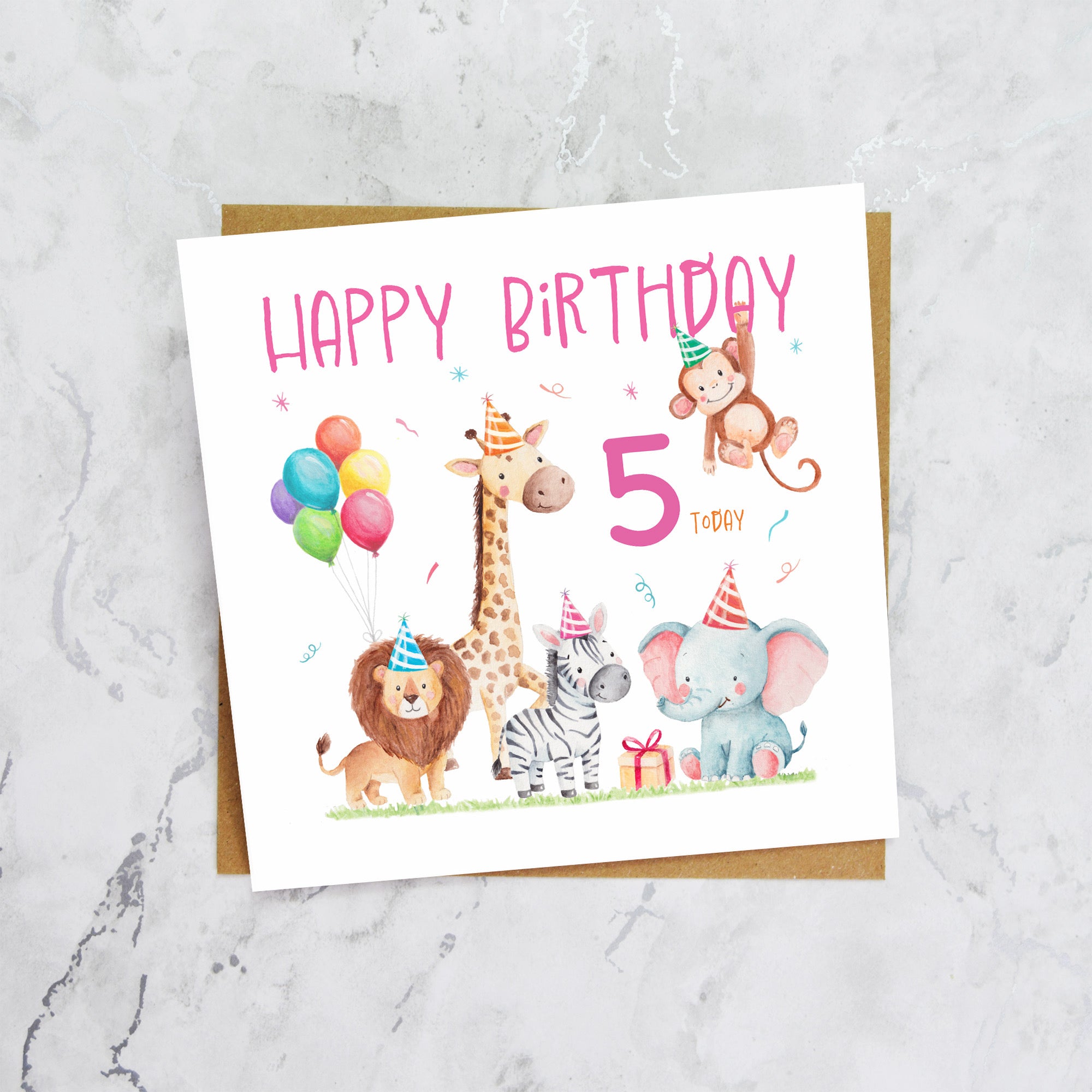 5th Birthday Card For Girl, Safari Animal Birthday Card Age 5, Jungle Animals Fifth Birthday Card For Girls (S00203) - Blank Inside - Sent To You (S00203)