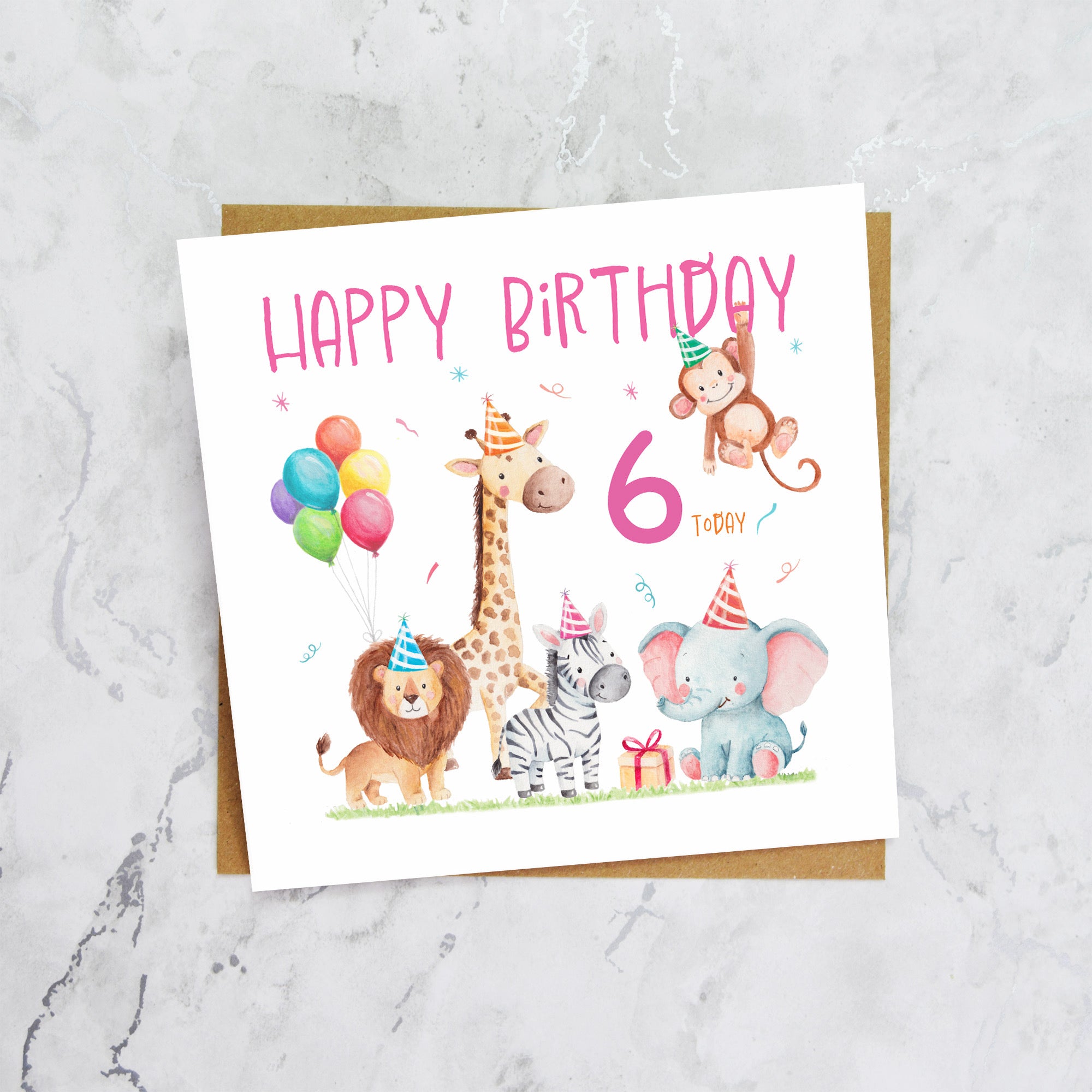 6th Birthday Card For Girl, Safari Animal Birthday Card Age 6 Jungle Animals Sixth Birthday Card For Girls (S00204) - Blank Inside - Sent To You (S00204)