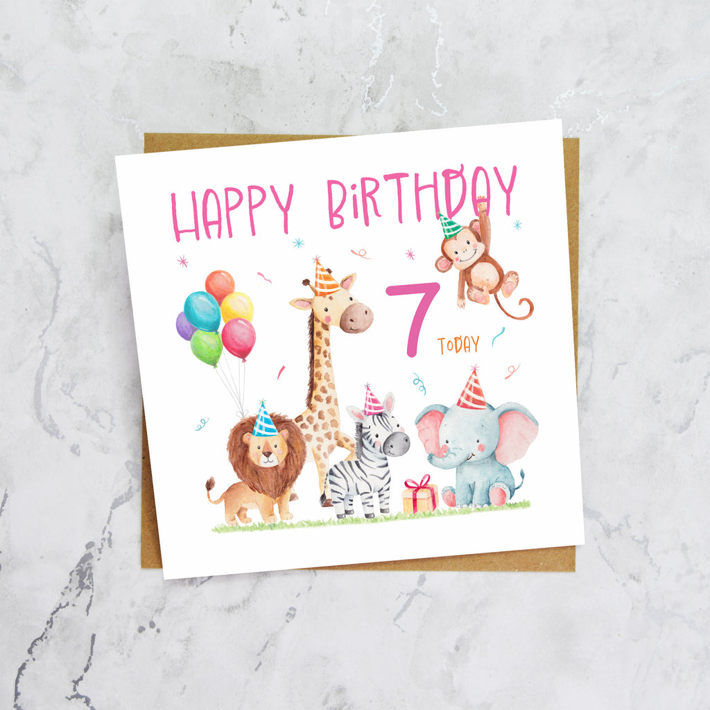 7th Birthday Card For Girl, Safari Animal Birthday Card Age 7, Jungle Animals Seventh Birthday Card For Girls (S00205) - Blank Inside - Sent To You (S00205)