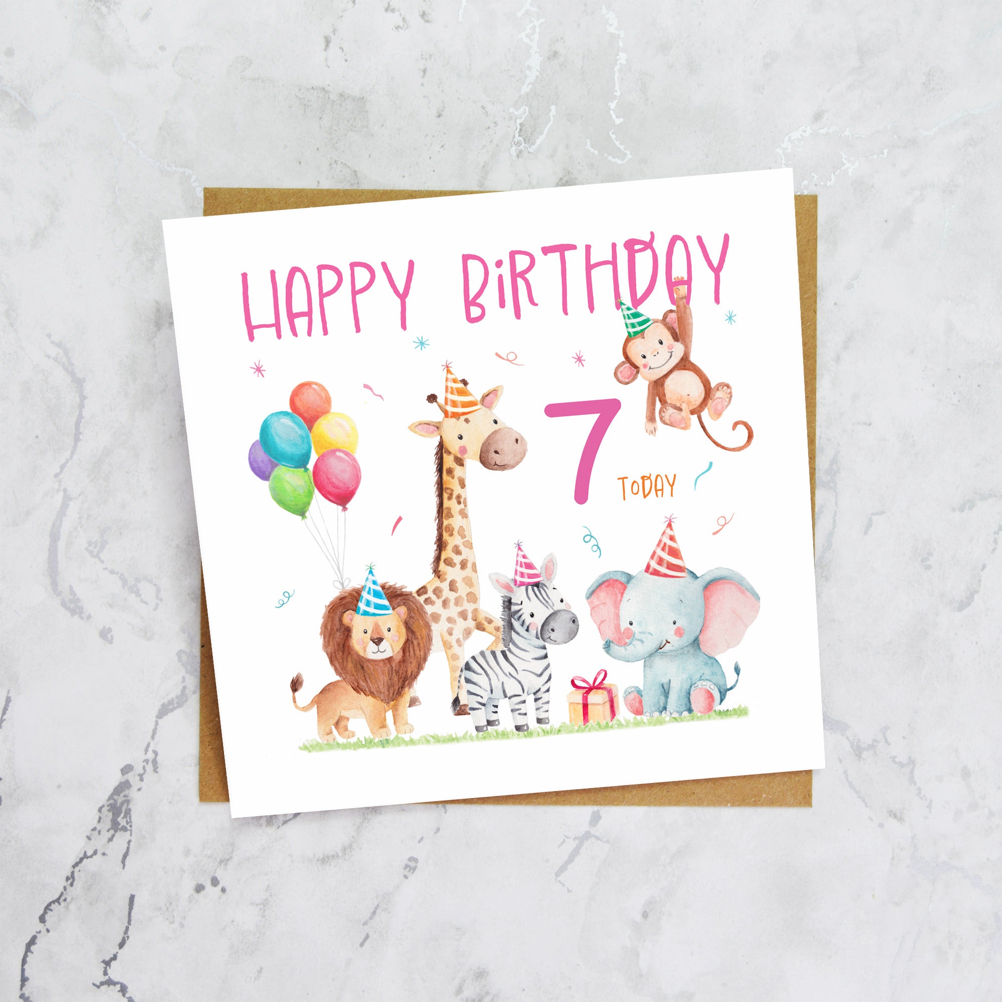 7th Birthday Card For Girl, Safari Animal Birthday Card Age 7, Jungle Animals Seventh Birthday Card For Girls (S00205) - Blank Inside - Sent To You (S00205)