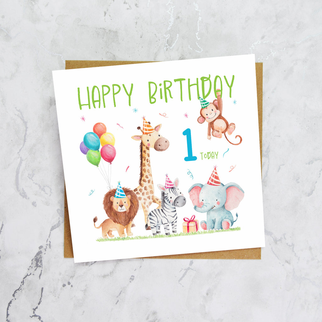 1st Birthday Card For Boy, Safari Animal Birthday Card Age 1, Jungle Animals First Birthday Card For Boys (S00206) - Blank Inside - Sent To You (S00206)