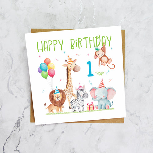 1st Birthday Card For Boy, Safari Animal Birthday Card Age 1, Jungle Animals First Birthday Card For Boys (S00206) - Blank Inside - Sent To You (S00206)
