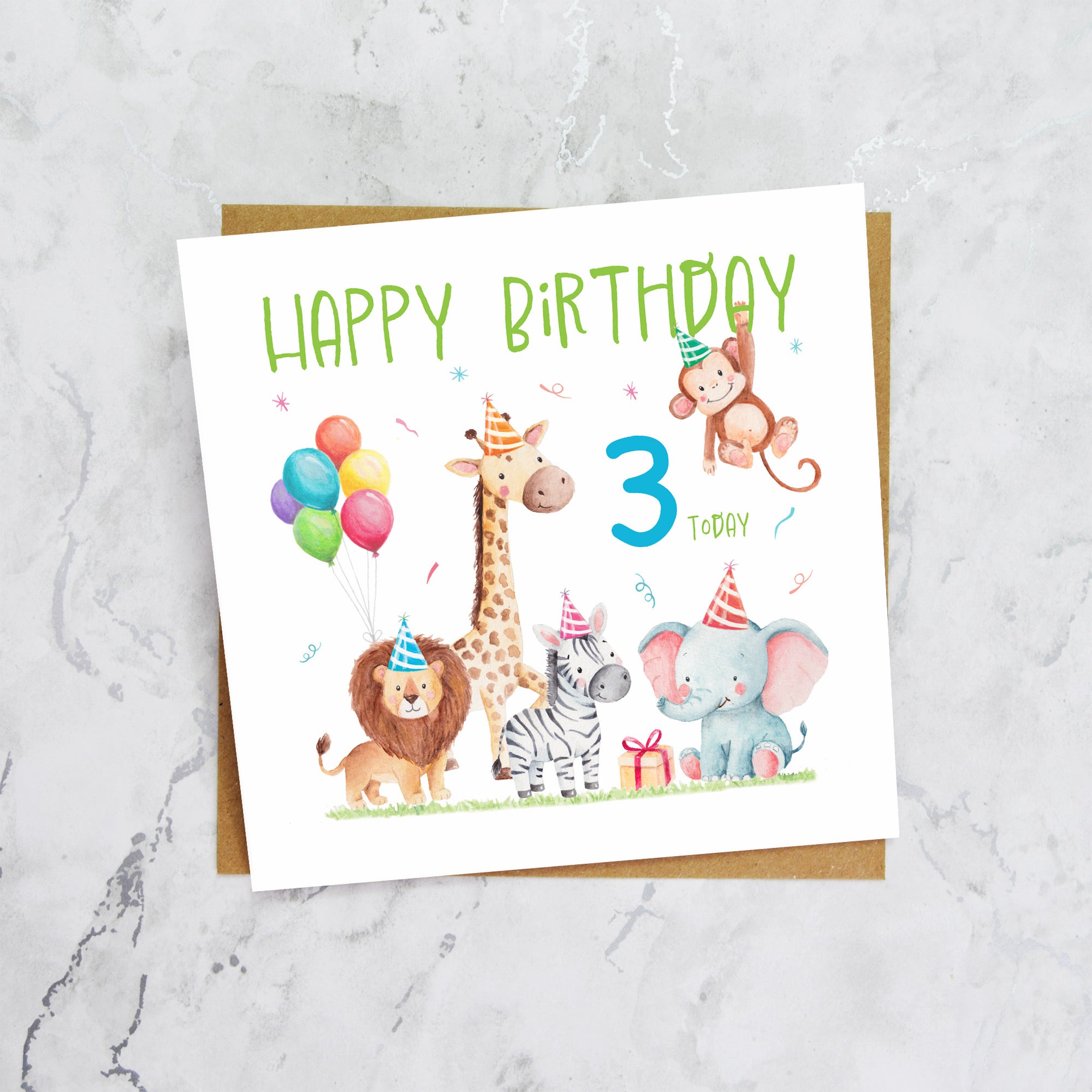 3rd Birthday Card For Boy, Safari Animal Birthday Card Age 3, Jungle Animals Third Birthday Card For Boys (S00208) - Blank Inside - Sent To You (S00208)