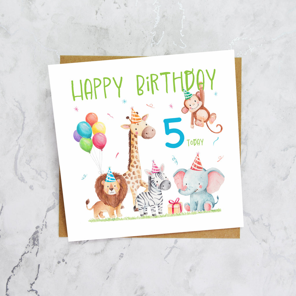 5th Birthday Card For Boy, Safari Animal Birthday Card Age 5, Jungle Animals Fifth Birthday Card For Boys (S00210) - Blank Inside - Sent To You (S00210)