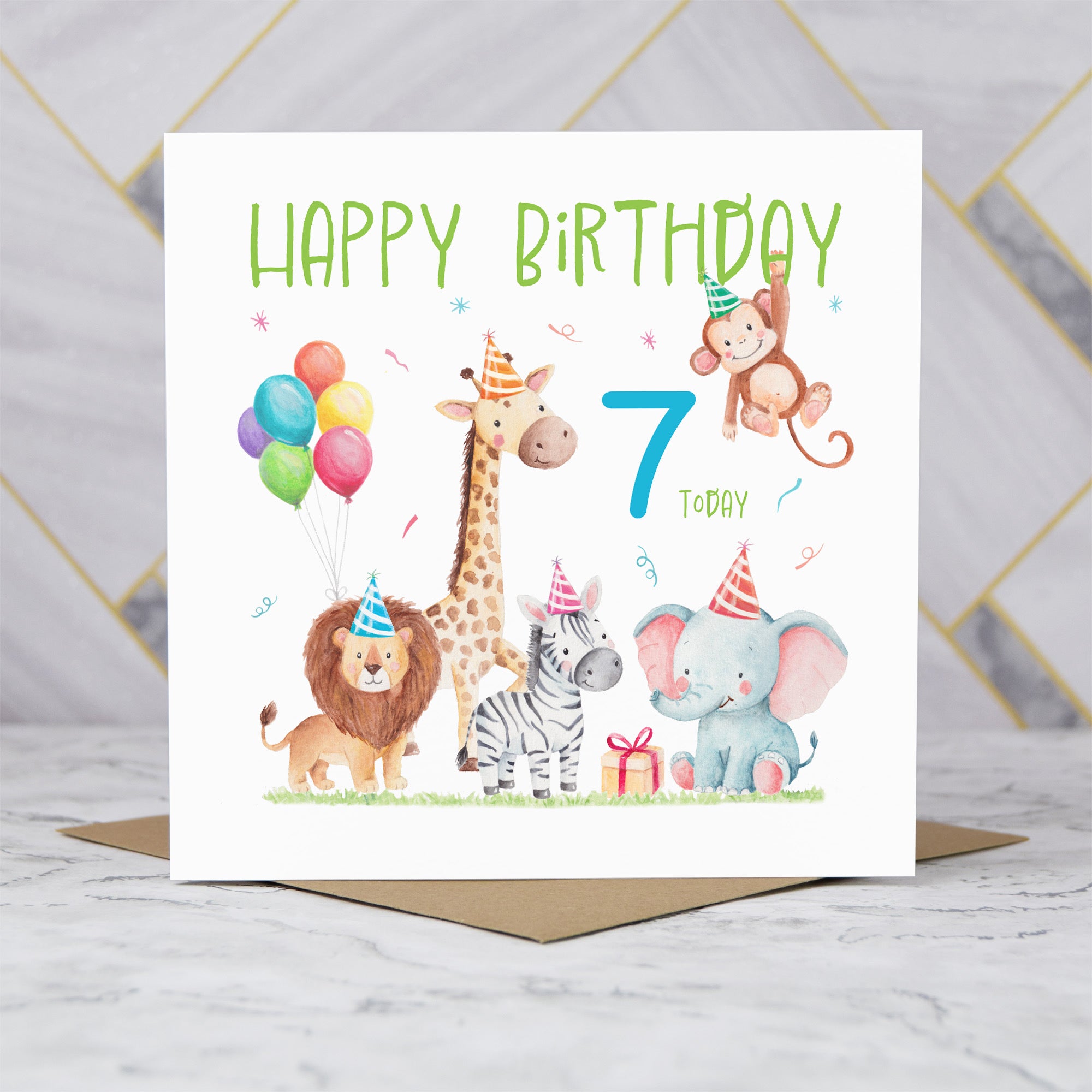 7th Birthday Card For Boy, Safari Animal Birthday Card Age 7, Jungle Animals Seventh Birthday Card For Boys (S00212) - Blank Inside - Sent To You (S00212)