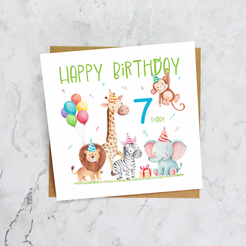 7th Birthday Card For Boy, Safari Animal Birthday Card Age 7, Jungle Animals Seventh Birthday Card For Boys (S00212) - Blank Inside - Sent To You (S00212)