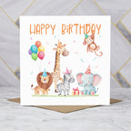 Safari Animal Birthday Card For Girls Or Boys, Cute Jungle Animals Birthday Card, Lion Giraffe Elephant Card For Kids (S00213) - Blank Inside - Sent To You (S00213)