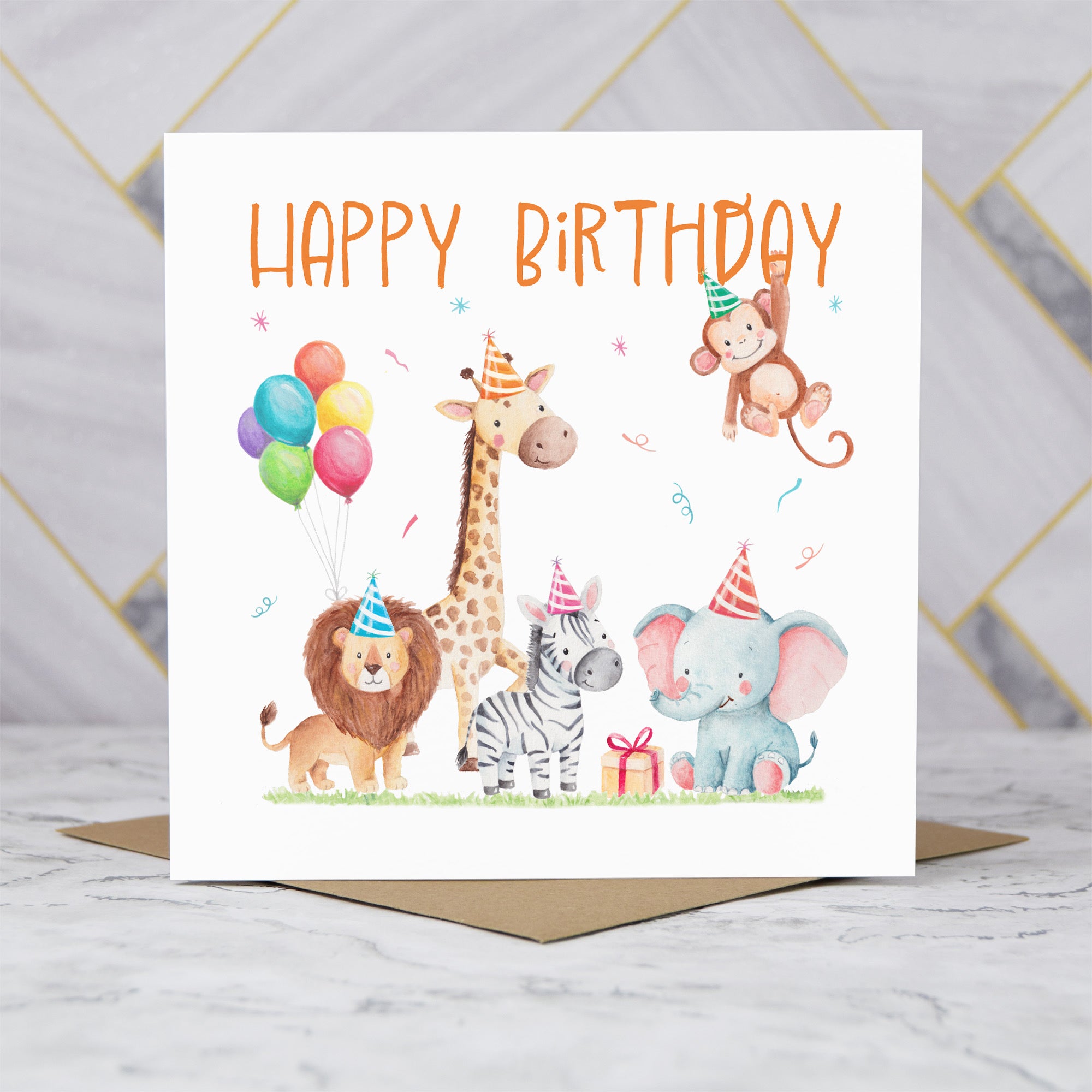 Safari Animal Birthday Card For Girls Or Boys, Cute Jungle Animals Birthday Card, Lion Giraffe Elephant Card For Kids (S00213) - Blank Inside - Sent To You (S00213)