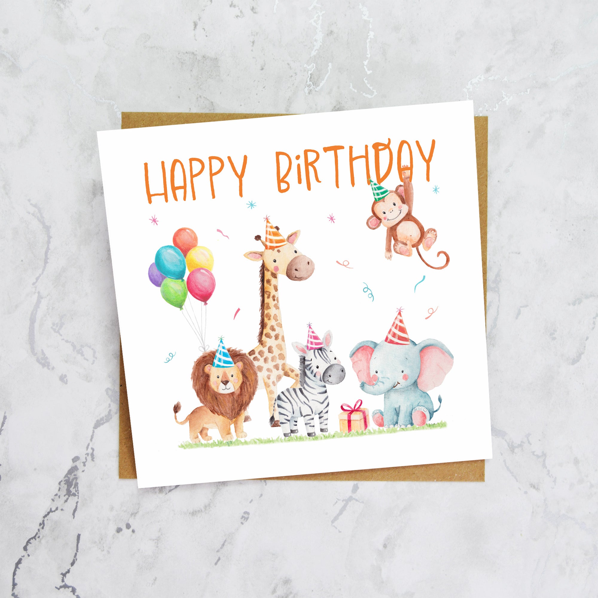 Safari Animal Birthday Card For Girls Or Boys, Cute Jungle Animals Birthday Card, Lion Giraffe Elephant Card For Kids (S00213) - Blank Inside - Sent To You (S00213)