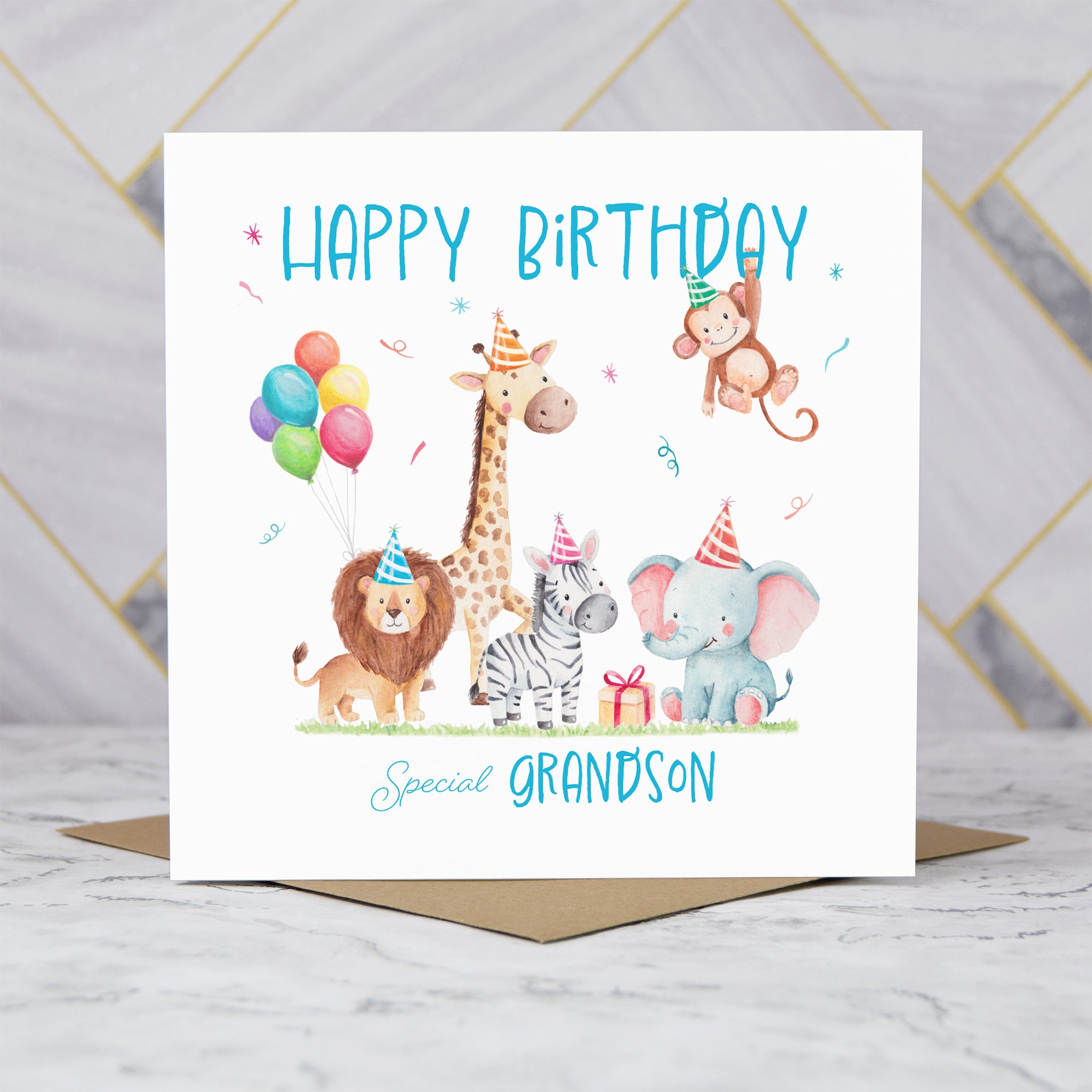 Grandson Birthday Card, Safari Animal Birthday Card For Boys, Cute Jungle Animals Card, Special Grandson (S00214) - Blank Inside - Sent To You (S00214)