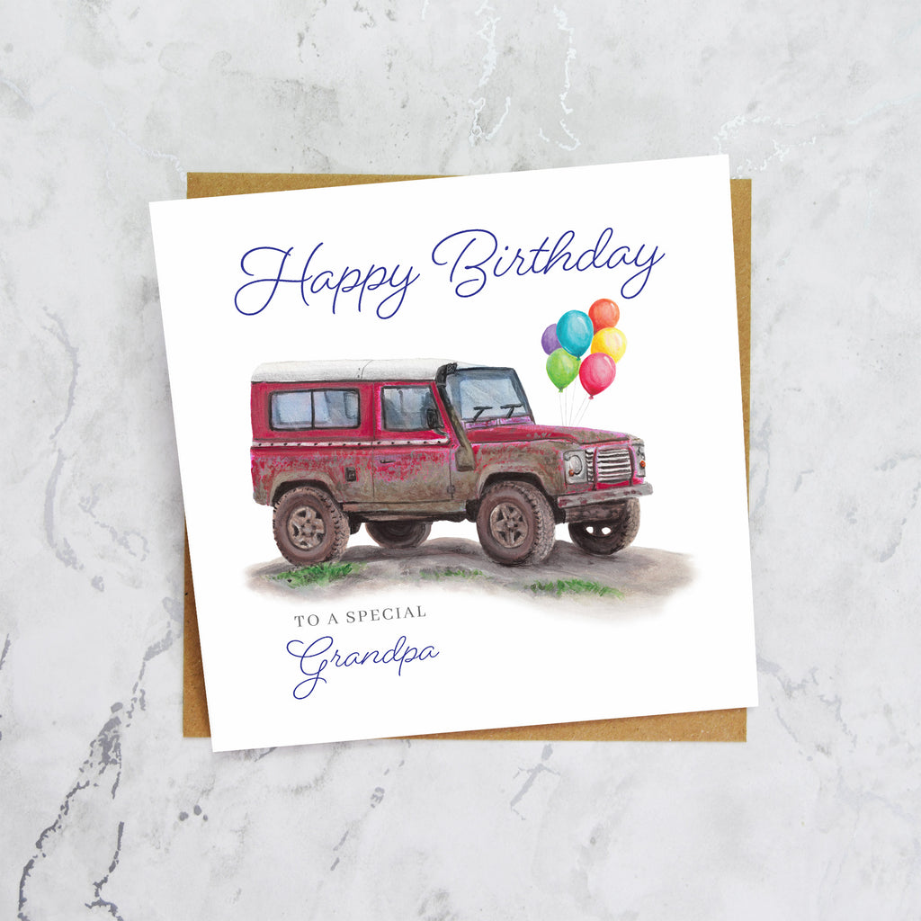 Grandpa Birthday Card For Land Rover Defender Lover, Red 4x4 Off Road Birthday Card, Classic Defender Card For Grandpa (S00418) - Blank Inside - Sent To You (S00418)