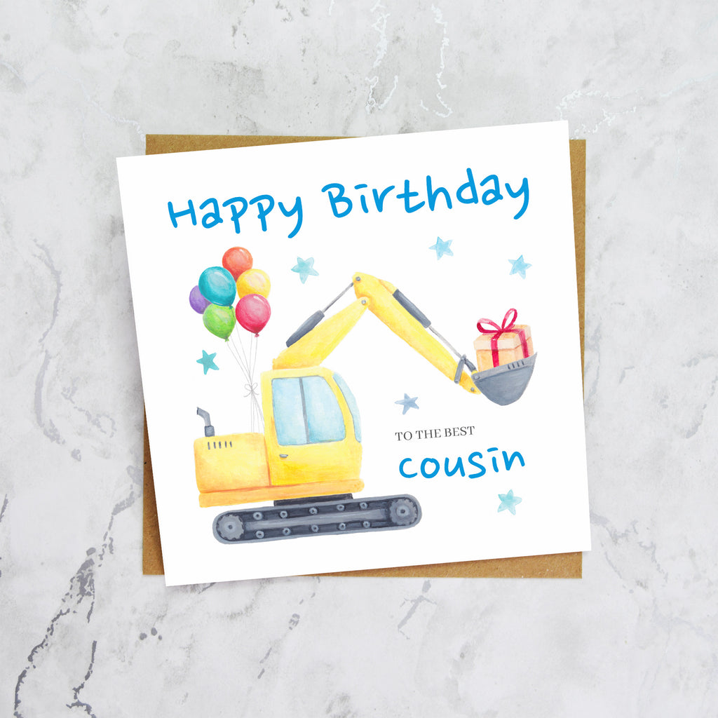 Cousin Birthday Card, Digger Birthday Card For Cousin, Excavator Birthday Card, Construction Birthday Card, Digger Lover Card (S00570) - Blank Inside - Sent To You (S00570)