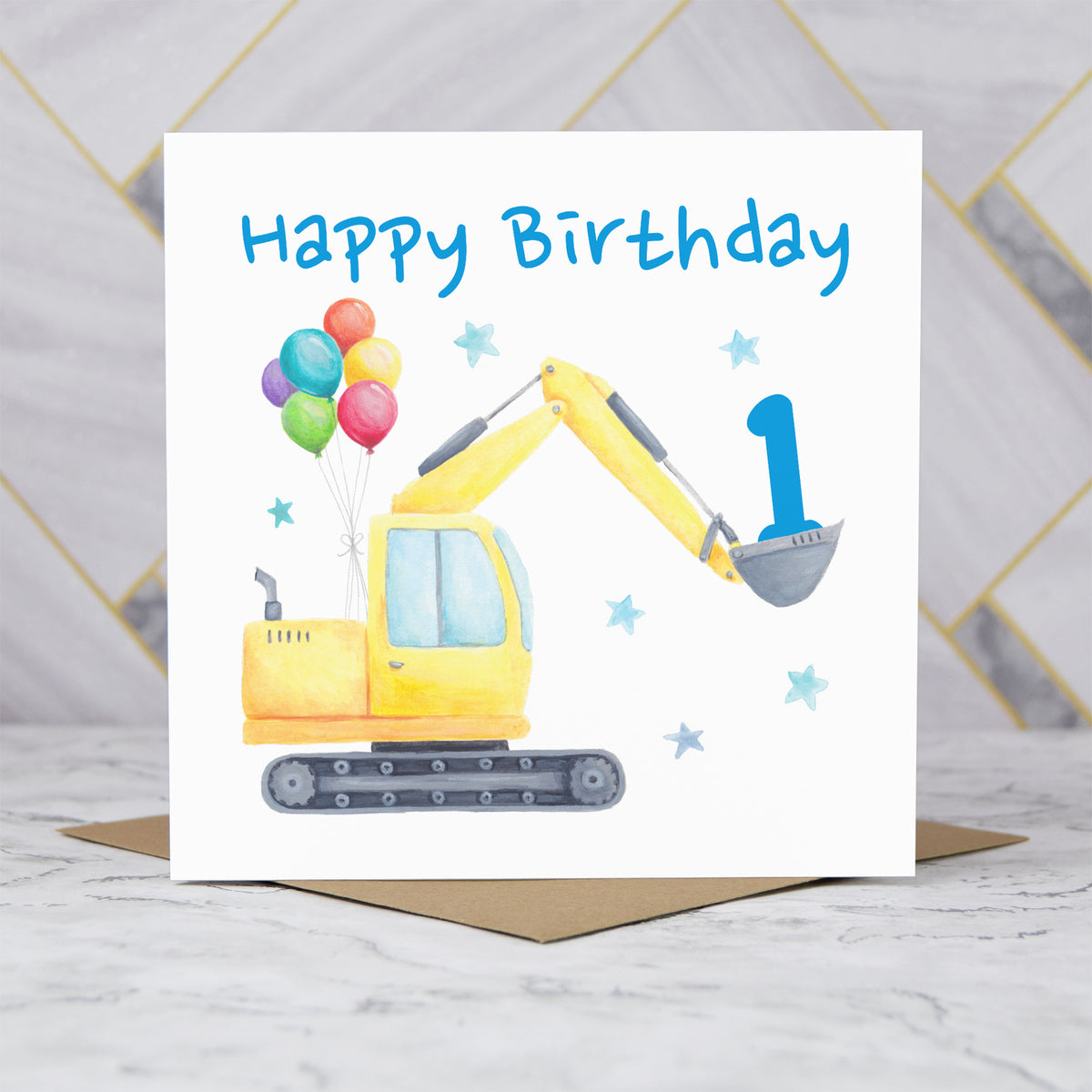 1st Birthday Digger Card, Age 1 Birthday Card, Excavator Birthday Card, Construction Vehicle Card, Digger Birthday Card (S00579) - Blank Inside - Sent To You (S00579)