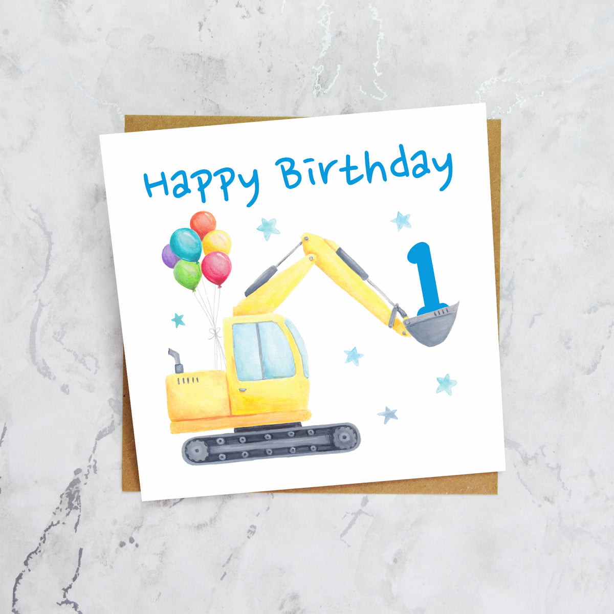 1st Birthday Digger Card, Age 1 Birthday Card, Excavator Birthday Card, Construction Vehicle Card, Digger Birthday Card (S00579) - Blank Inside - Sent To You (S00579)