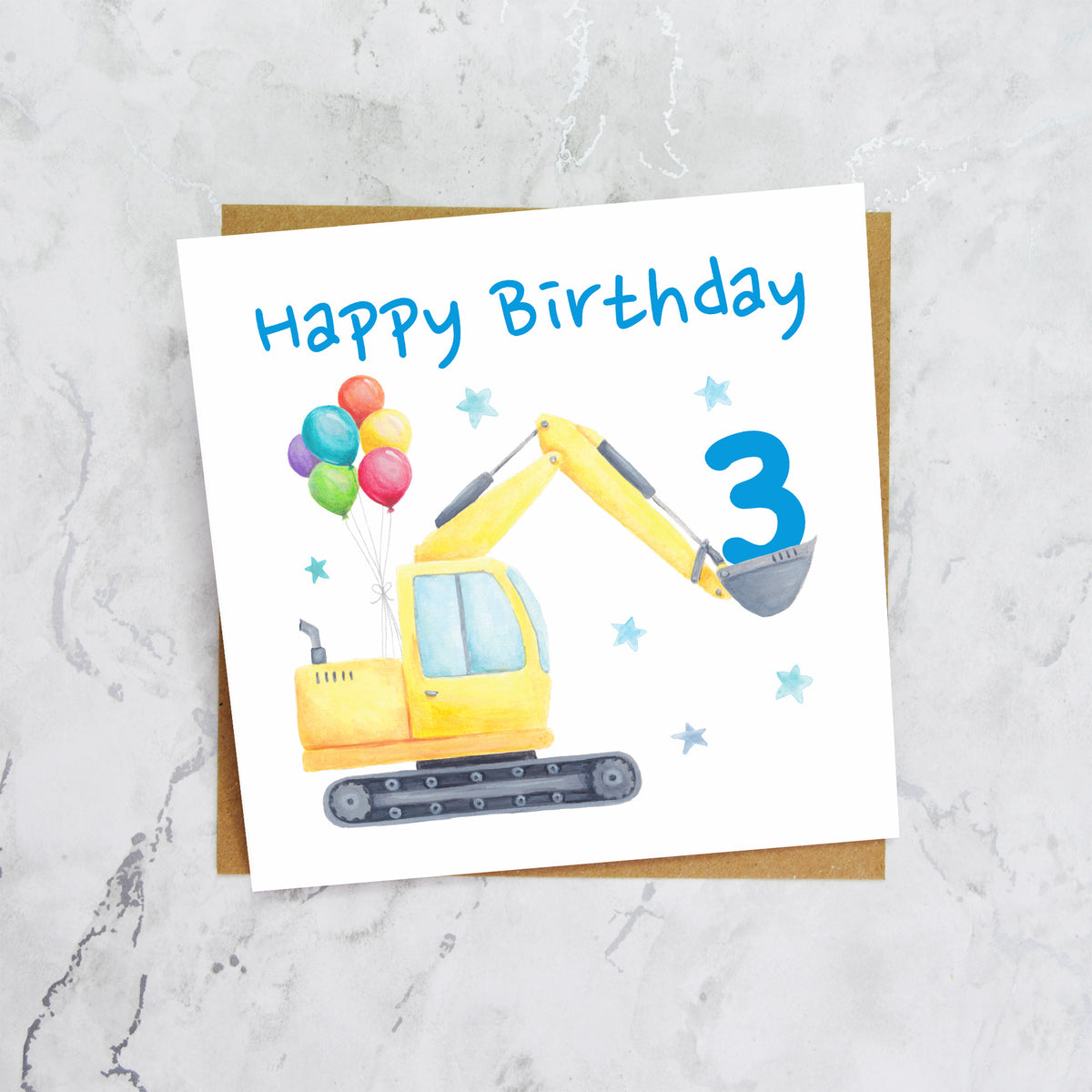 3rd Birthday Digger Card, Age 3 Birthday Card, Excavator Birthday Card, Construction Vehicle Card, Digger Birthday Card (S00581) - Blank Inside - Sent To You (S00581)