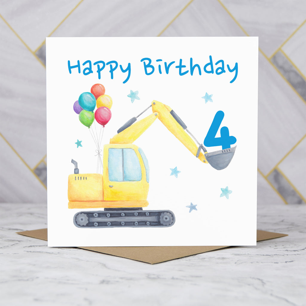 4th Birthday Digger Card, Age 4 Birthday Card, Excavator Birthday Card, Construction Vehicle Card, Digger Birthday Card (S00582) - Blank Inside - Sent To You (S00582)