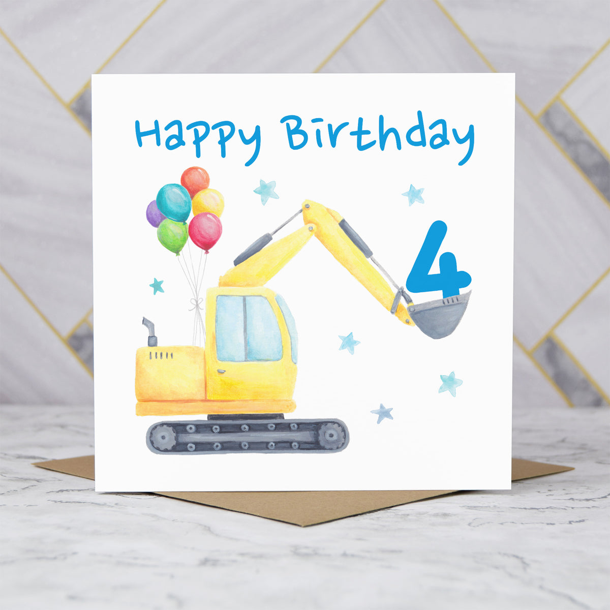 4th Birthday Digger Card, Age 4 Birthday Card, Excavator Birthday Card, Construction Vehicle Card, Digger Birthday Card (S00582) - Blank Inside - Sent To You (S00582)
