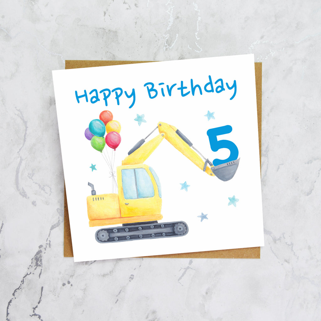 5th Birthday Digger Card, Age 5 Birthday Card, Excavator Birthday Card, Construction Vehicle Card, Digger Birthday Card (S00583) - Blank Inside - Sent To You (S00583)