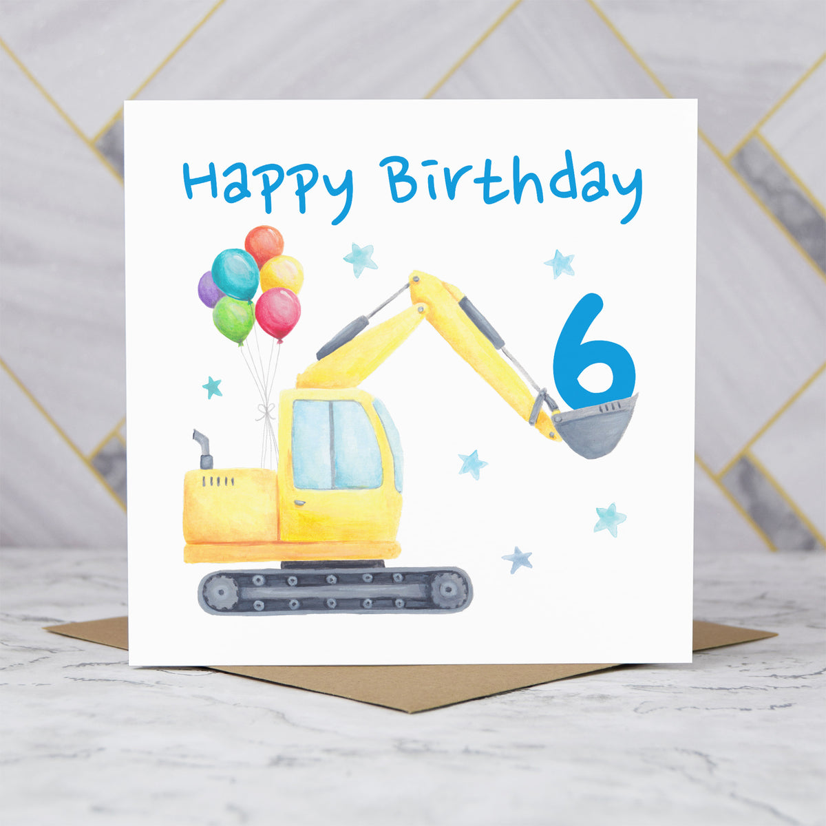 6th Birthday Digger Card, Age 6 Birthday Card, Excavator Birthday Card, Construction Vehicle Card, Digger Birthday Card (S00584) - Blank Inside - Sent To You (S00584)