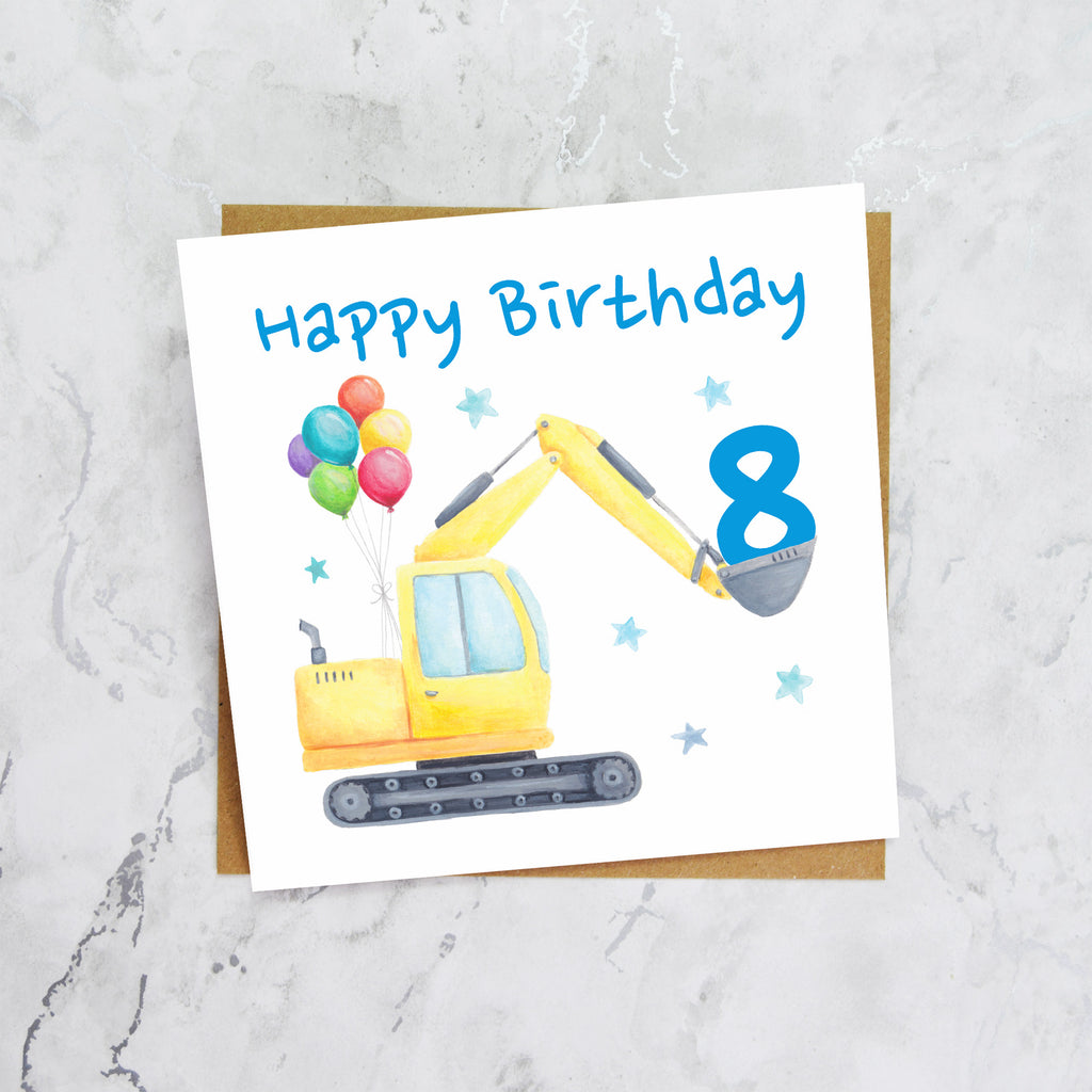 8th Birthday Digger Card, Age 8 Birthday Card, Excavator Birthday Card, Construction Vehicle Card, Digger Birthday Card (S00586) - Blank Inside - Sent To You (S00586)